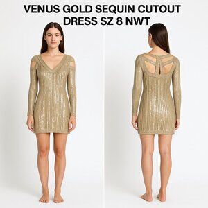 VENUS GOLD SEQUIN CUTOUT DRESS SZ 8 NWOT